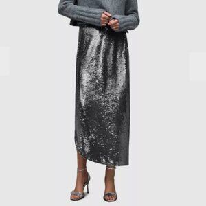 All Saints Metallic Charcoal Sequin Midi Skirt